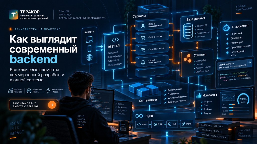 Как выглядит современный backend: клиенты, REST API, сервисы, база данных, события, контейнеры, CI/CD, мониторинг и AI-ассистент