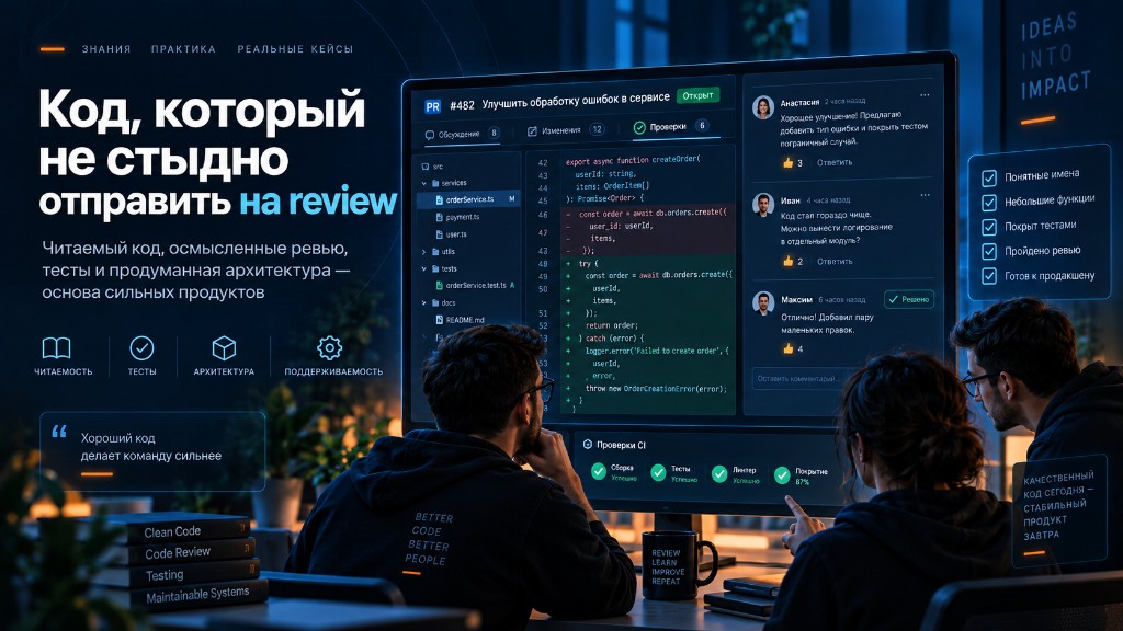 Команда разработчиков на code review: pull request, комментарии и CI-проверки