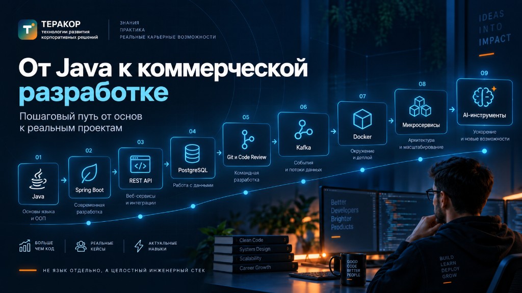 Пошаговый путь от Java к коммерческой разработке: Spring Boot, REST API, PostgreSQL, Git, Kafka, Docker, микросервисы и AI