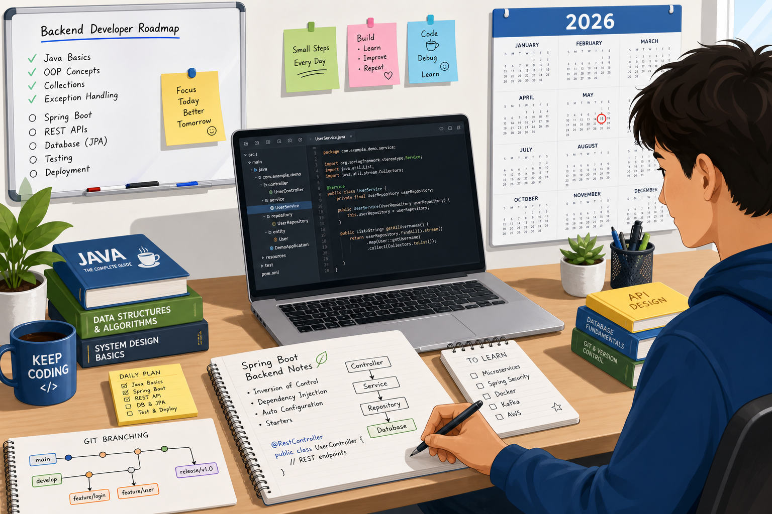 Рабочее место студента с планом изучения Java и Spring Boot