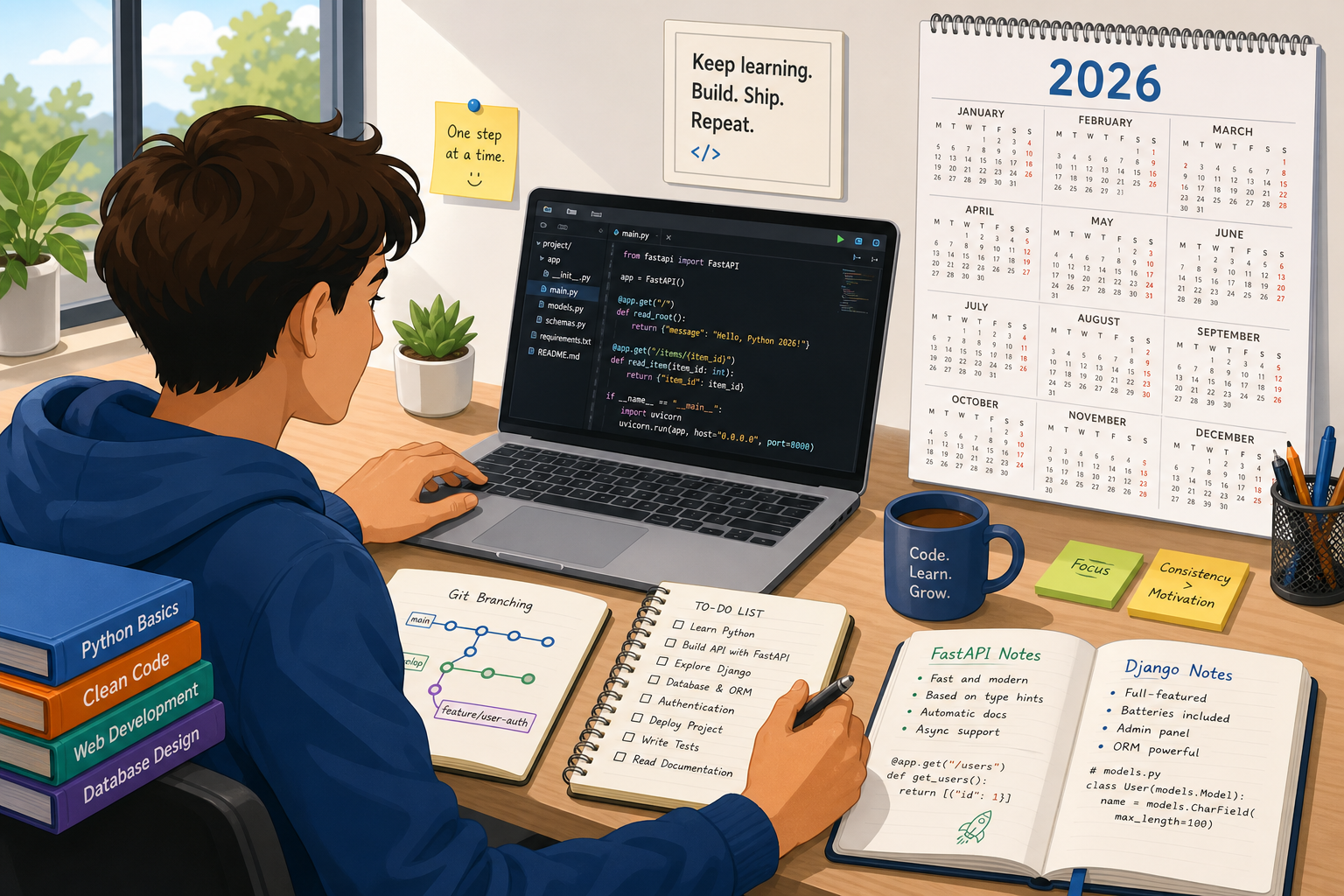 Рабочее место студента с планом изучения Python, FastAPI и Django
